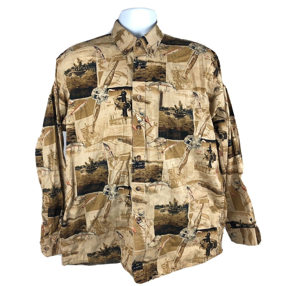 North River Men's Size Large Button Down L/S Shirt Fishing Rod Lures Fish Boats